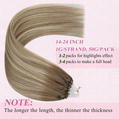 Echthaar Micro Ring Extensions Ombre Hellbraun Platinblond 55cm