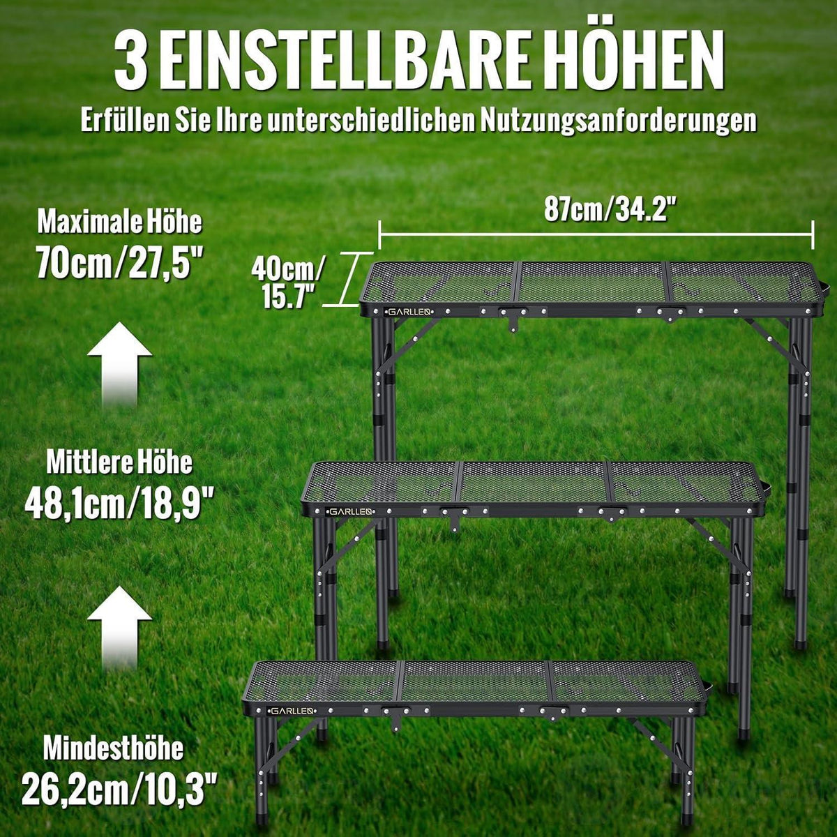 Klapptisch 87x40cm, 3-fach höhenverstellbar, leicht & stabil