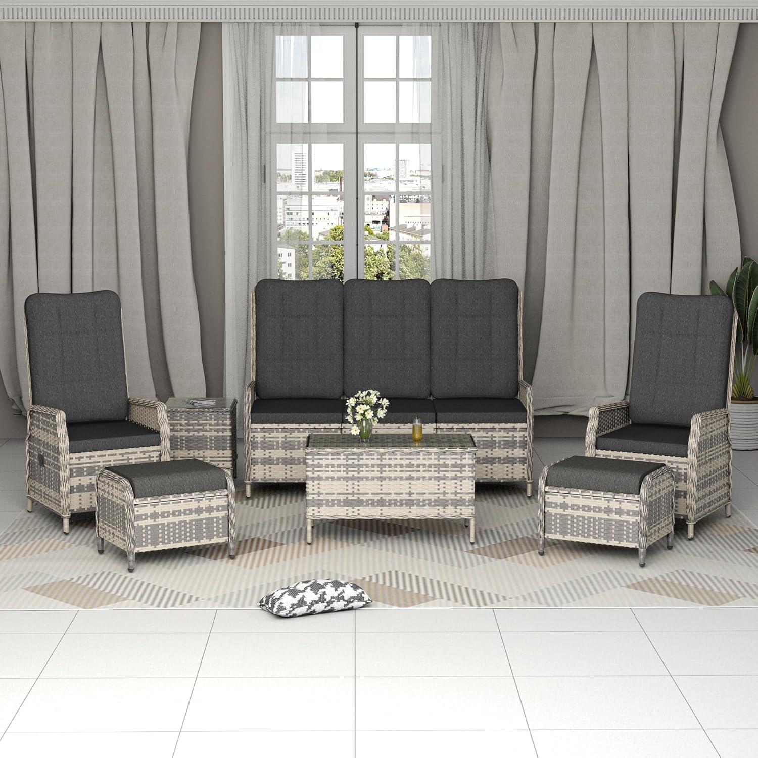Polyrattan Lounge Set Schwarz Gartenmöbel 5 Personen verstellbare Rückenlehne