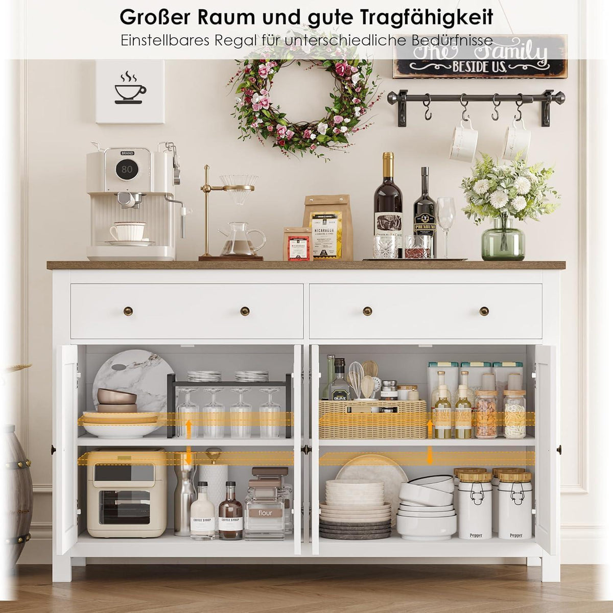 Weißes Sideboard 140cm | Küchenschrank mit Arbeitsplatte & Schubladen