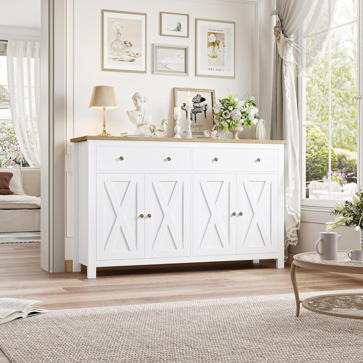 Weißes Sideboard 140cm | Küchenschrank mit Arbeitsplatte & Schubladen
