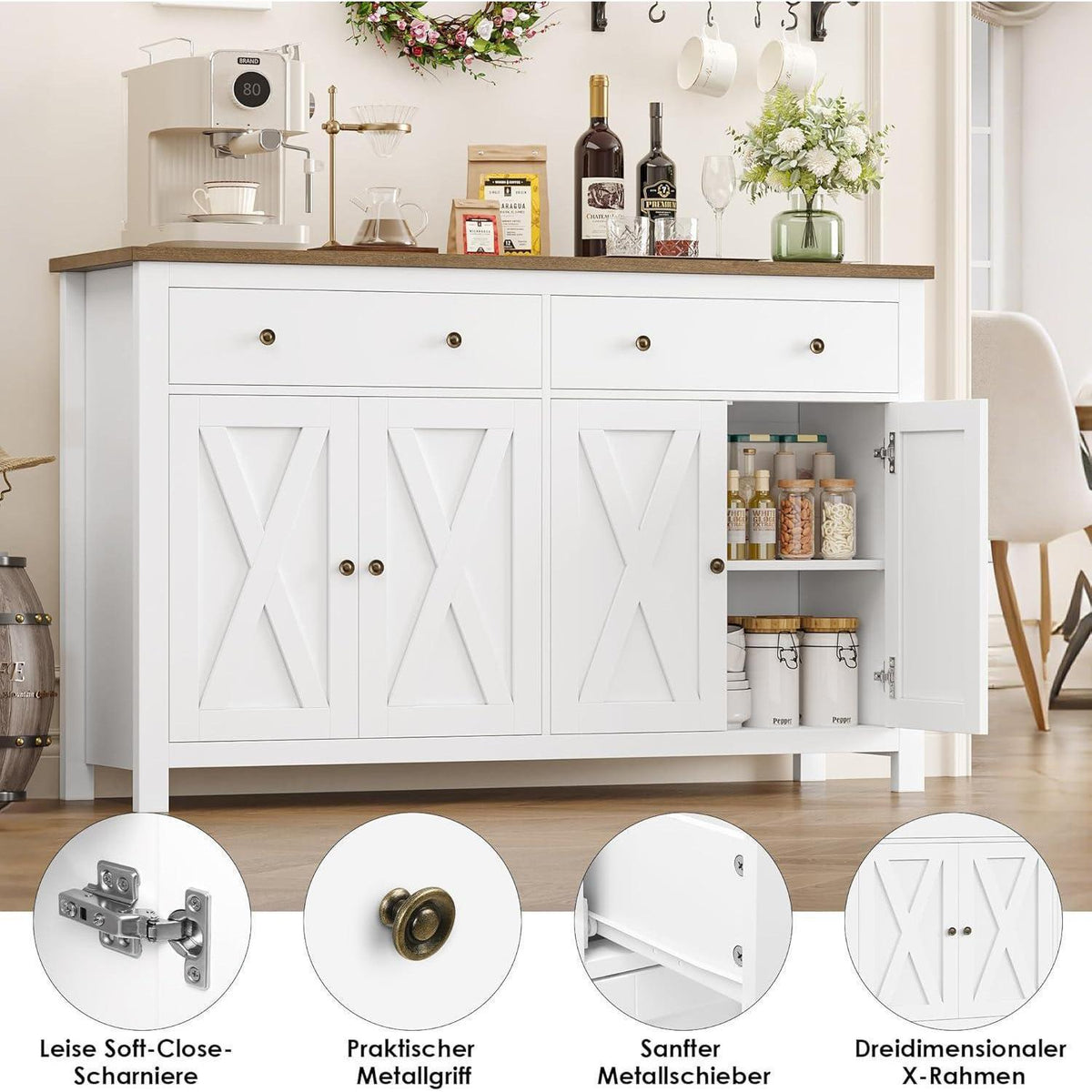 Weißes Sideboard 140cm | Küchenschrank mit Arbeitsplatte & Schubladen
