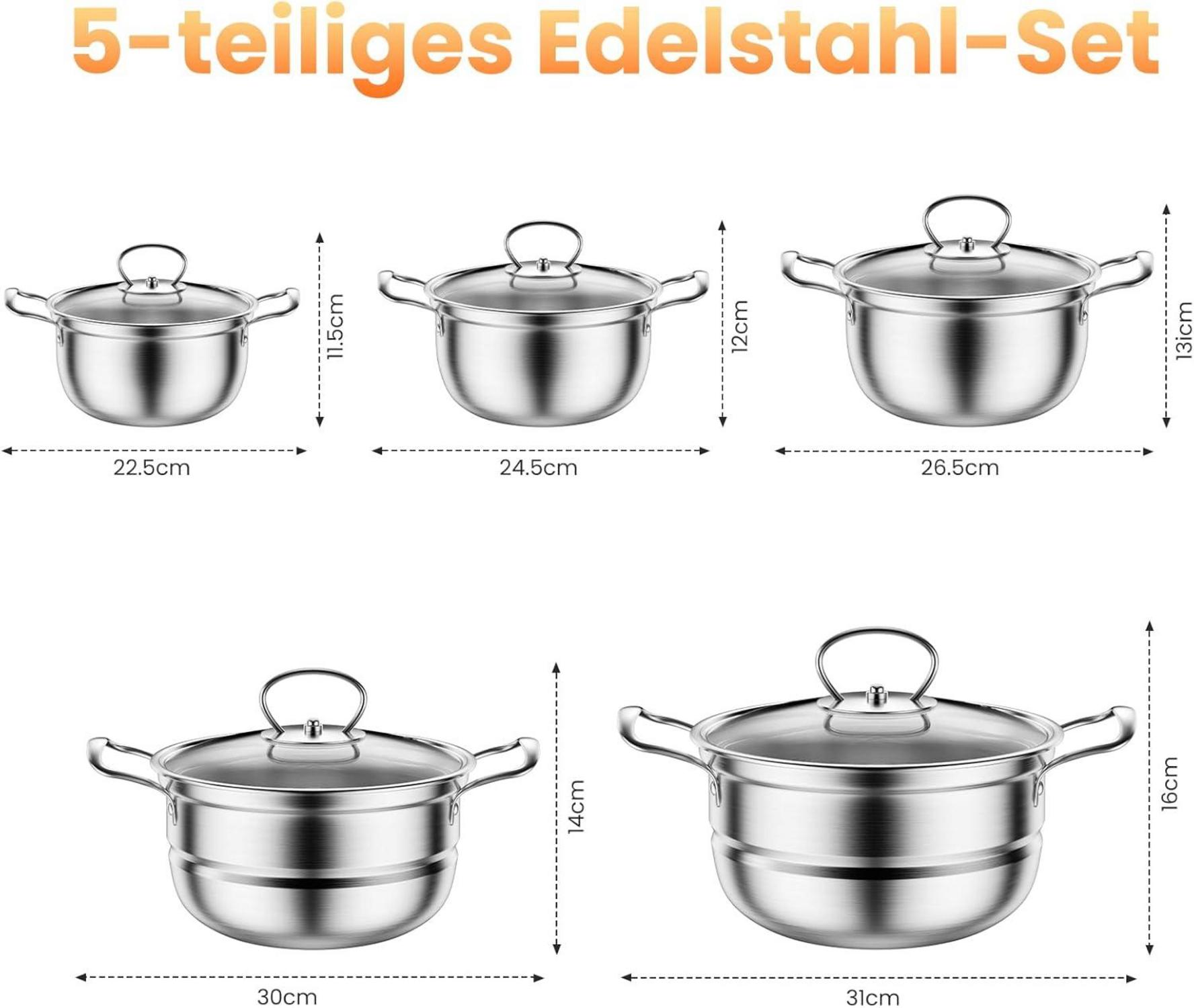 Edelstahl Topfset Induktion Kochgeschirr Glasdeckel 12-teilig