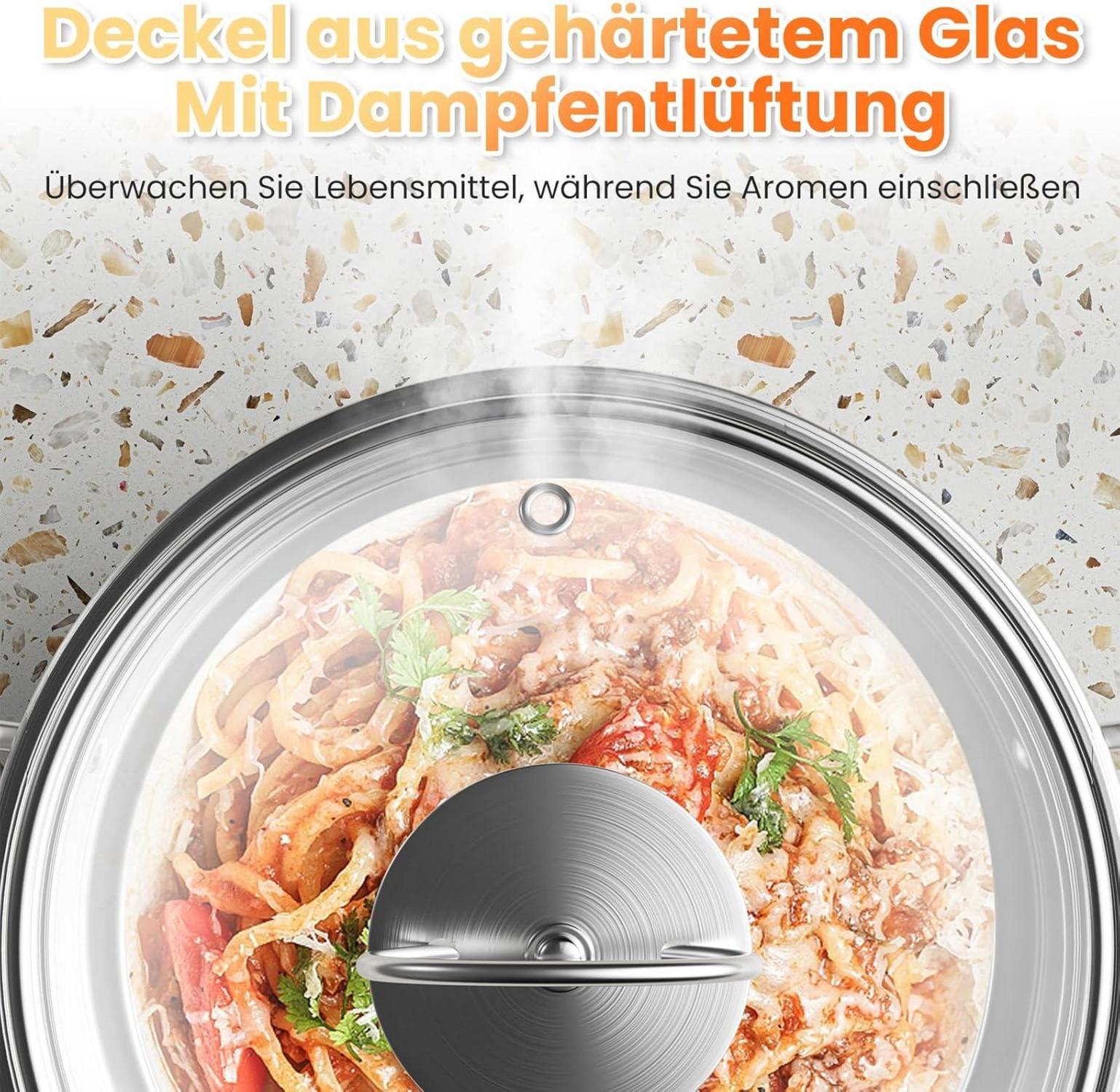 Edelstahl Topfset 12-teilig mit Glasdeckel und Stielkasserolle, Induktion geeignet