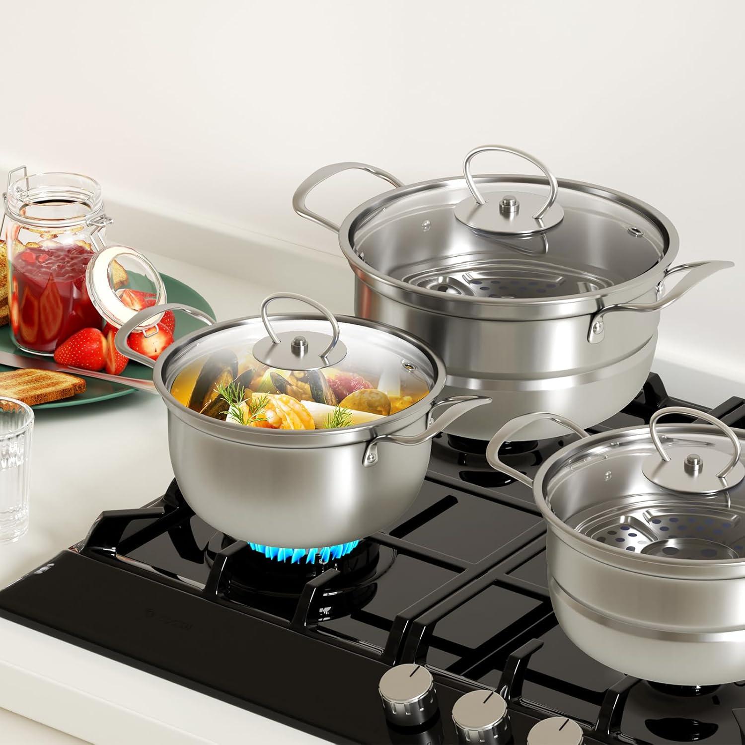 12-teiliges Edelstahl Topfset mit Glasdeckel und Stielkasserolle
