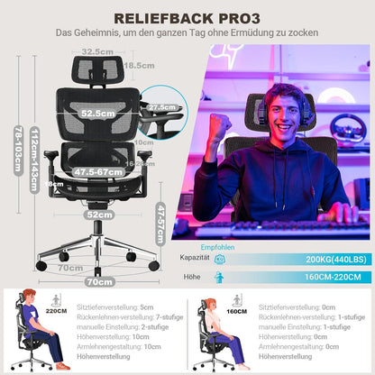 MELOKEA Bürostuhl 200KG Rückenstütze 2.0 4D+Magic Armlehnen