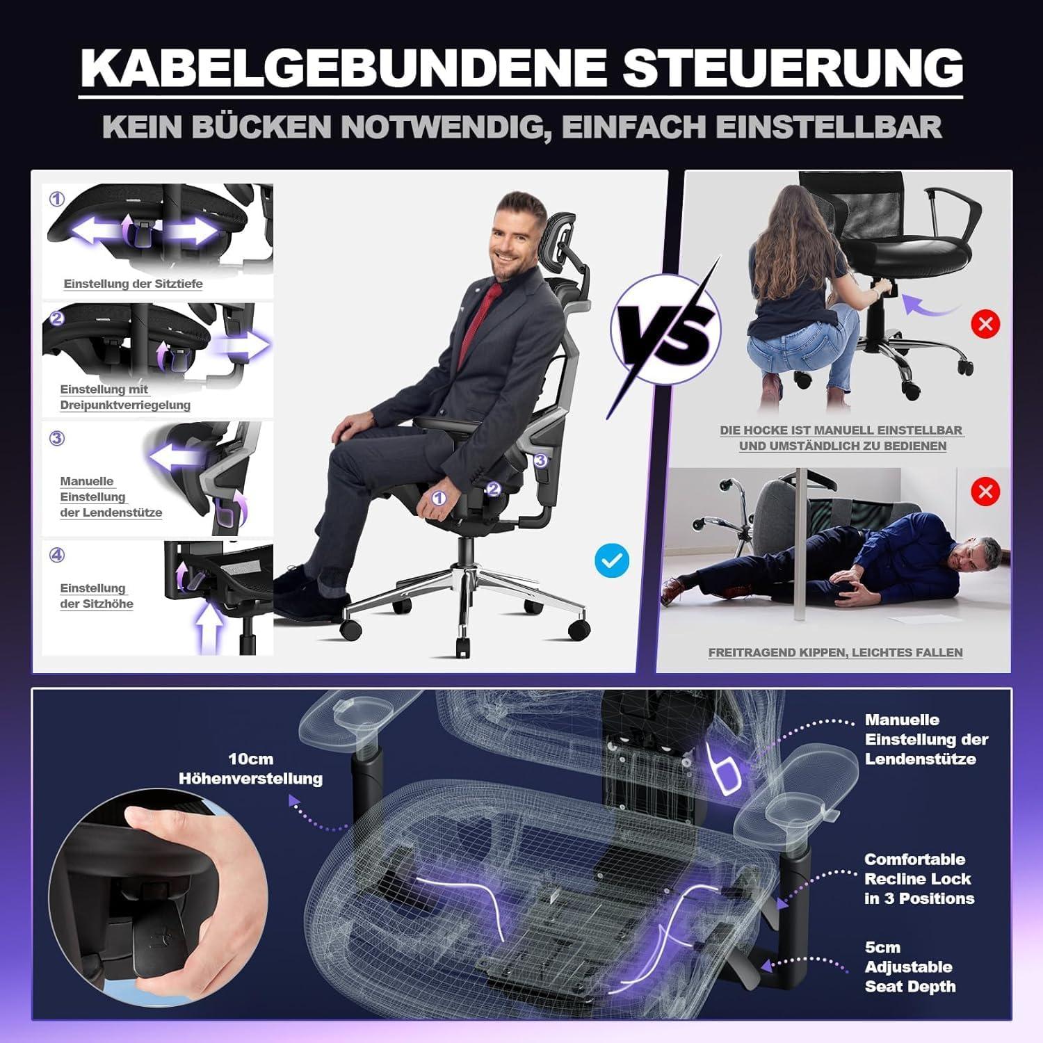 Bürostuhl Ergonomisch 200KG Selbstanpassende Rückenstütze 4D+Magic