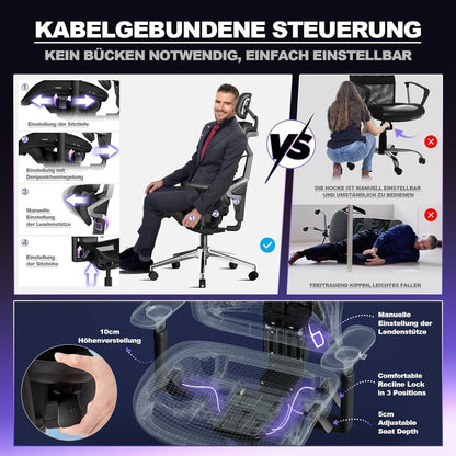 Bürostuhl Ergonomisch 200KG Selbstanpassende Rückenstütze 4D+Magic