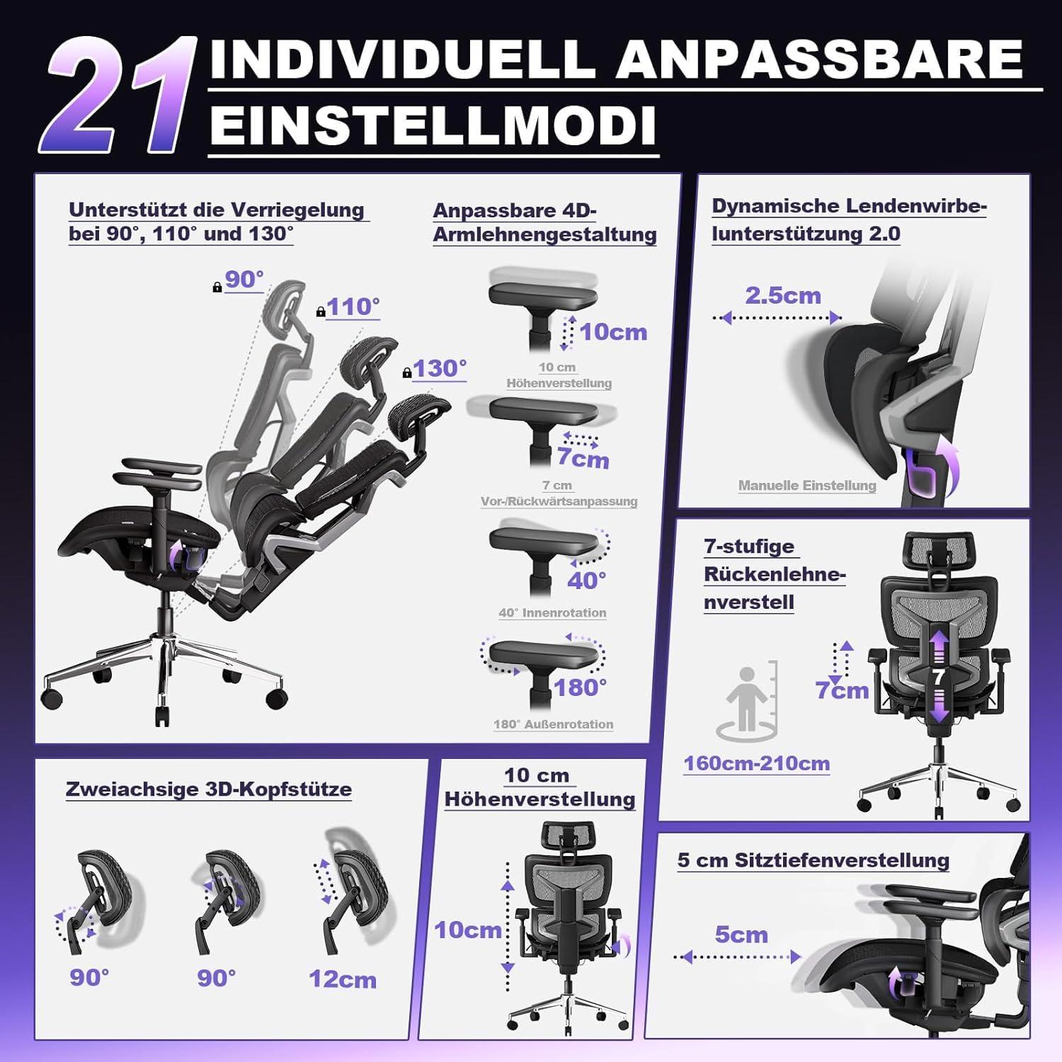 Bürostuhl 200KG Ergonomisch Selbstanpassende Rückenstütze 4D+Armlehnen
