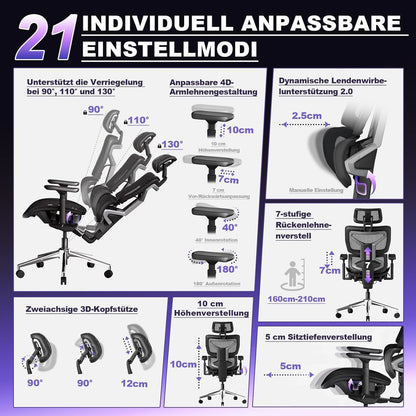 Bürostuhl 200KG Ergonomisch Selbstanpassende Rückenstütze 4D+Armlehnen