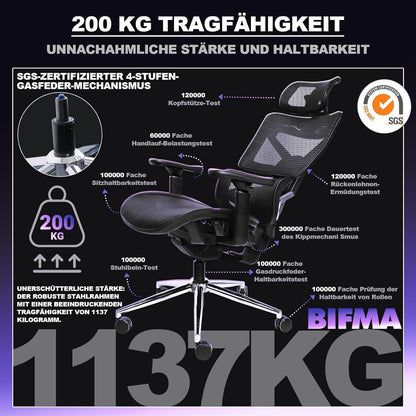 Bürostuhl 200KG Ergonomisch Selbstanpassende Rückenstütze 4D+Armlehnen