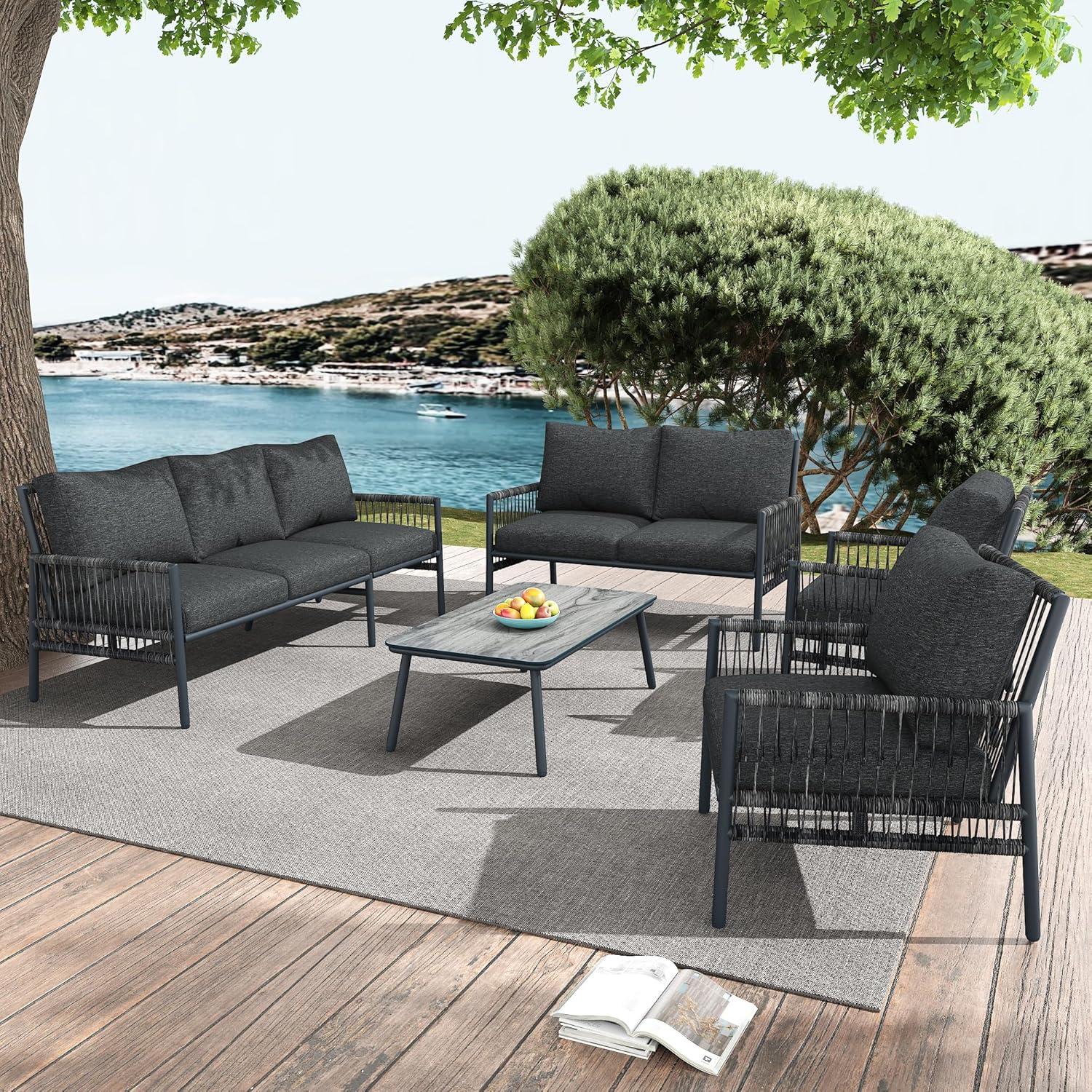 Outdoor Lounge Set 7 Personen Rattan Grau Sitzgruppe