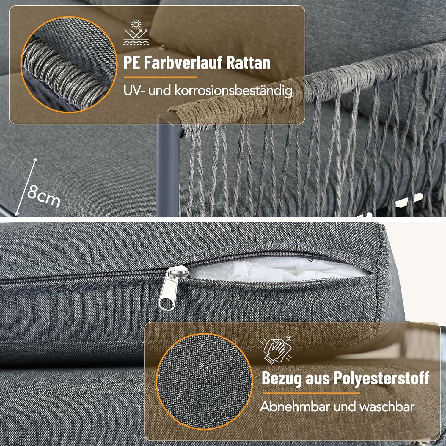 Gartenmöbel-Sitzgruppe Rattan Lounge 7 Personen Grau