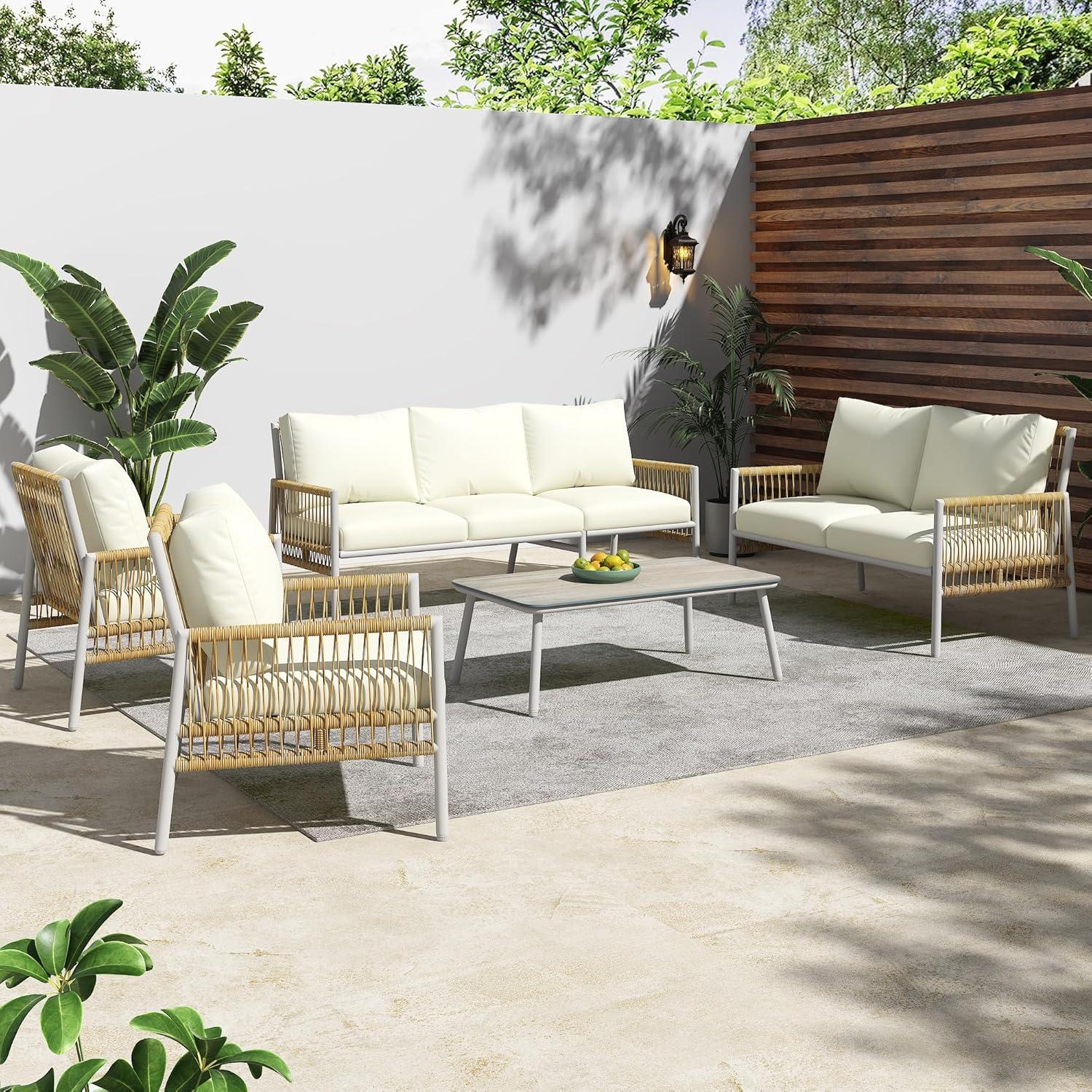 Gegtuon 7 Personen Rattan Gartenmöbel Lounge Set Beige