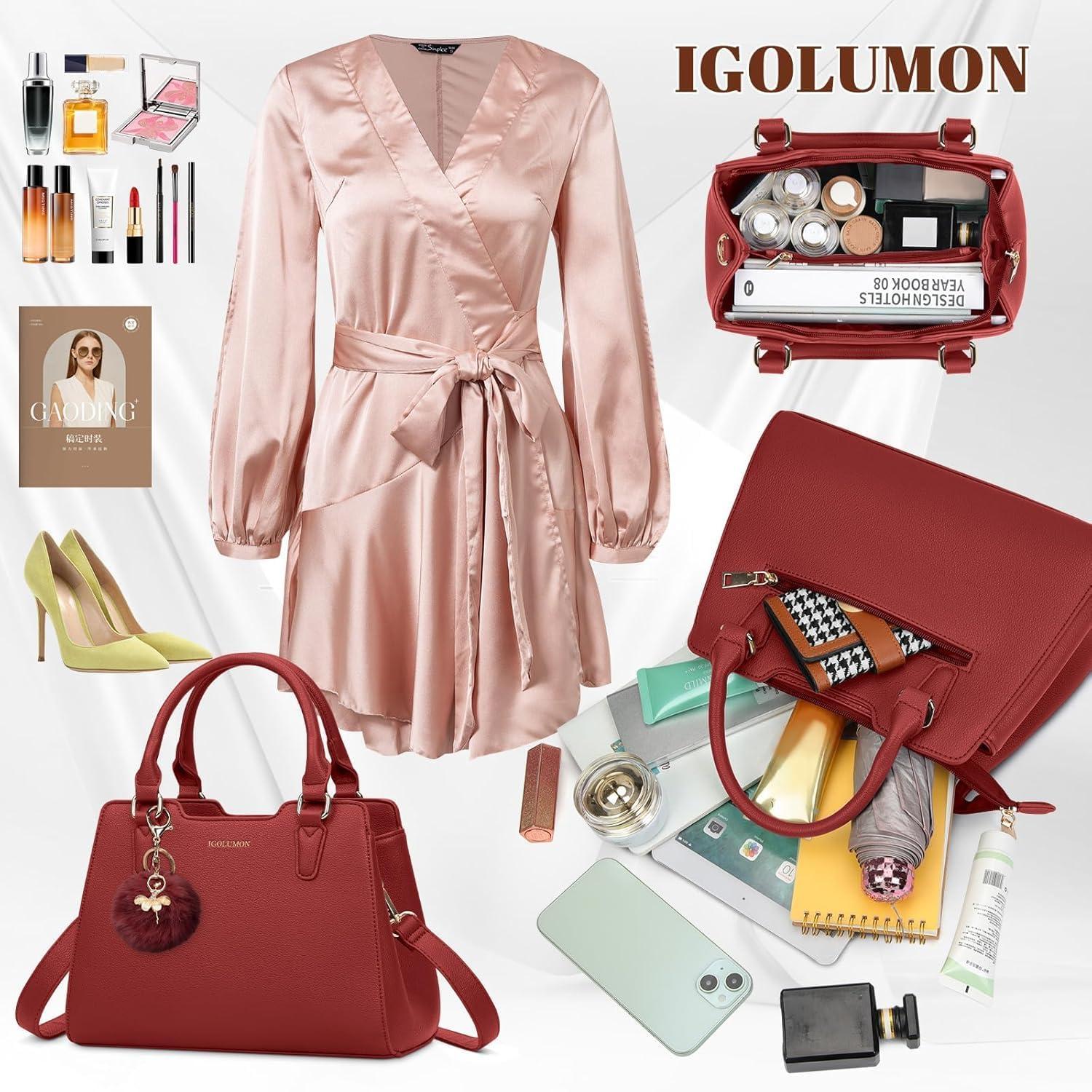 IGOLUMON Damen Handtasche Mittelgroß Leder Henkeltasche Rot