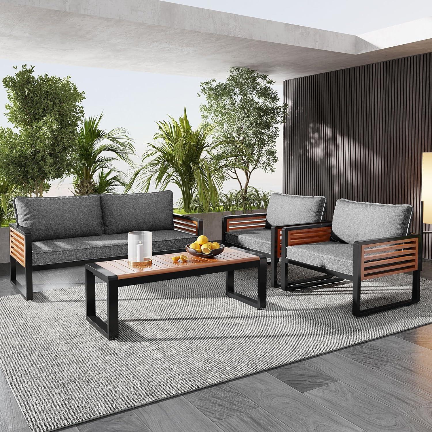 Gartenmöbel-Sitzgruppe 4-teilig für 4 Personen Grau Holz