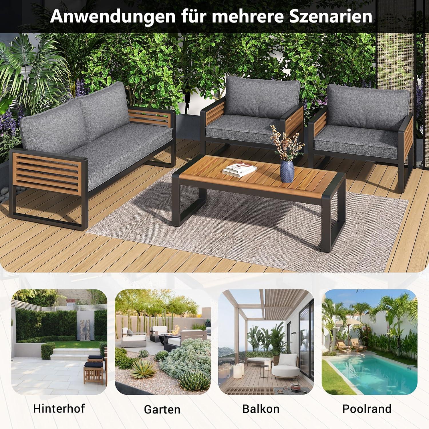 4-teilige Gartenmöbel Sitzgruppe für 4 Personen Grau