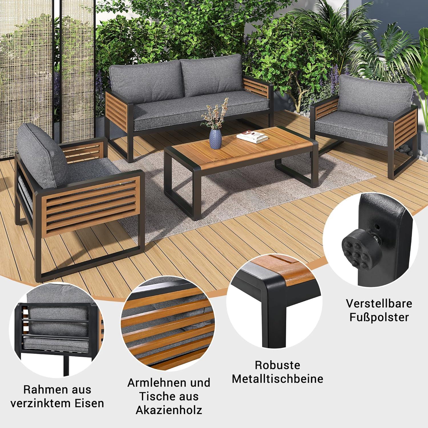 Gartenmöbel Sitzgruppe 4-teilig für 4 Personen Outdoor Lounge Grau