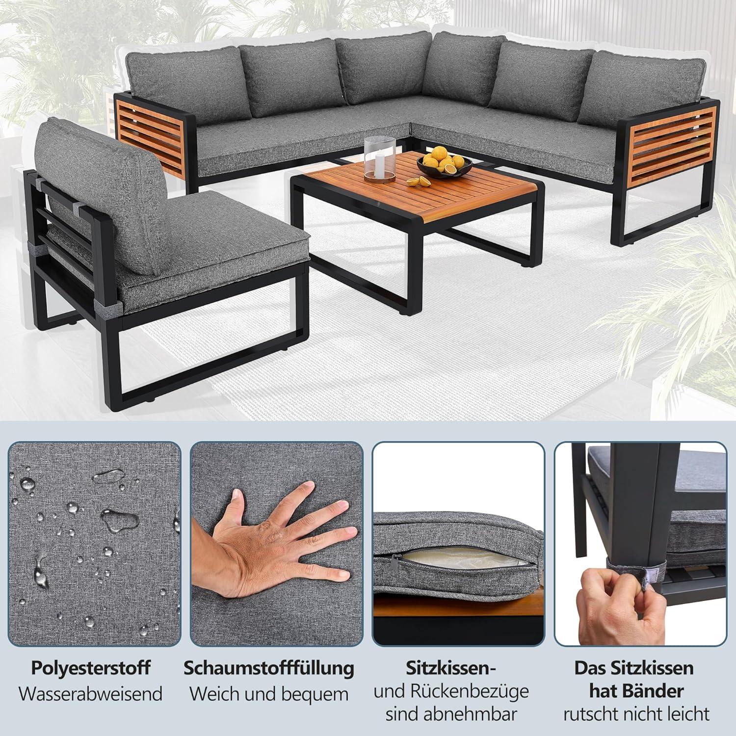 Gartenmöbel Lounge-Set 5-teilig Ecksofa mit Tisch und Sitzkissen Grau