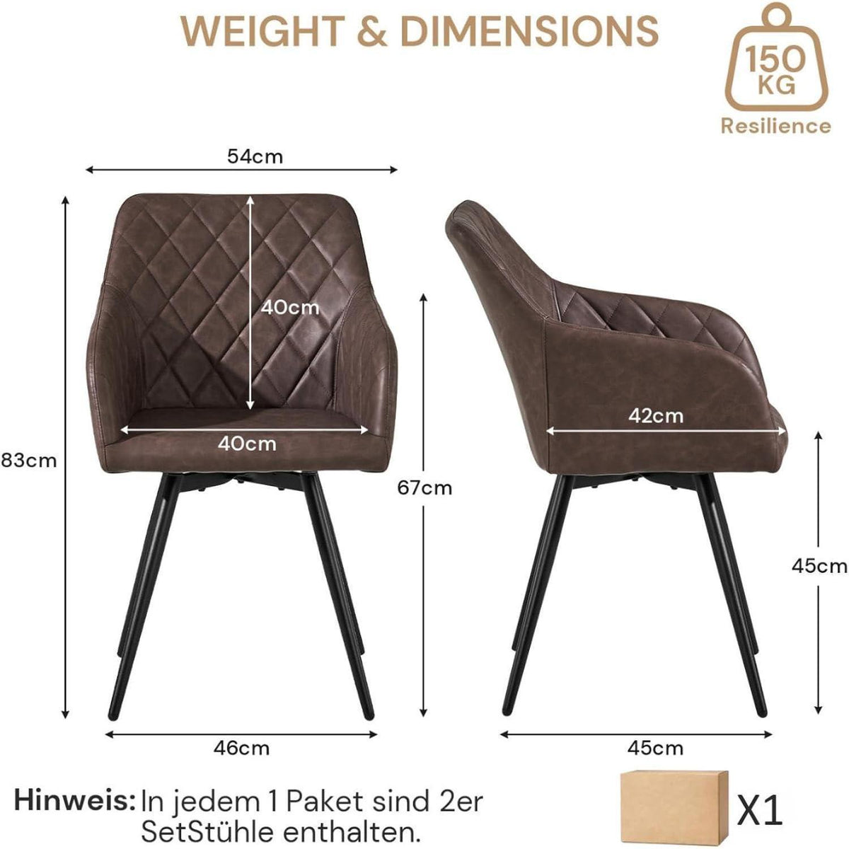 Drehbarer Esszimmerstuhl mit Armlehnen – 2er Set Braun