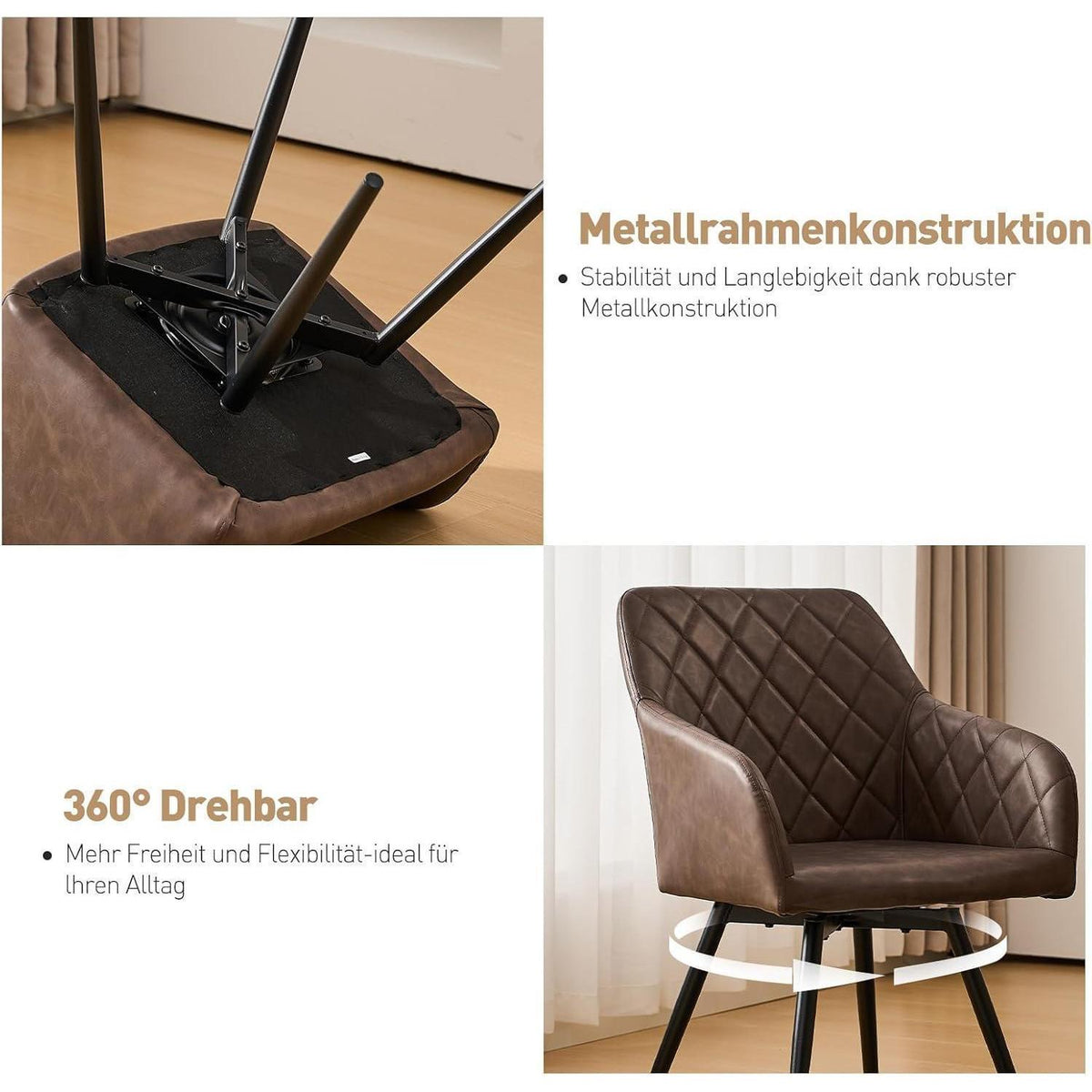 Drehbarer Esszimmerstuhl mit Armlehnen – 2er Set Braun
