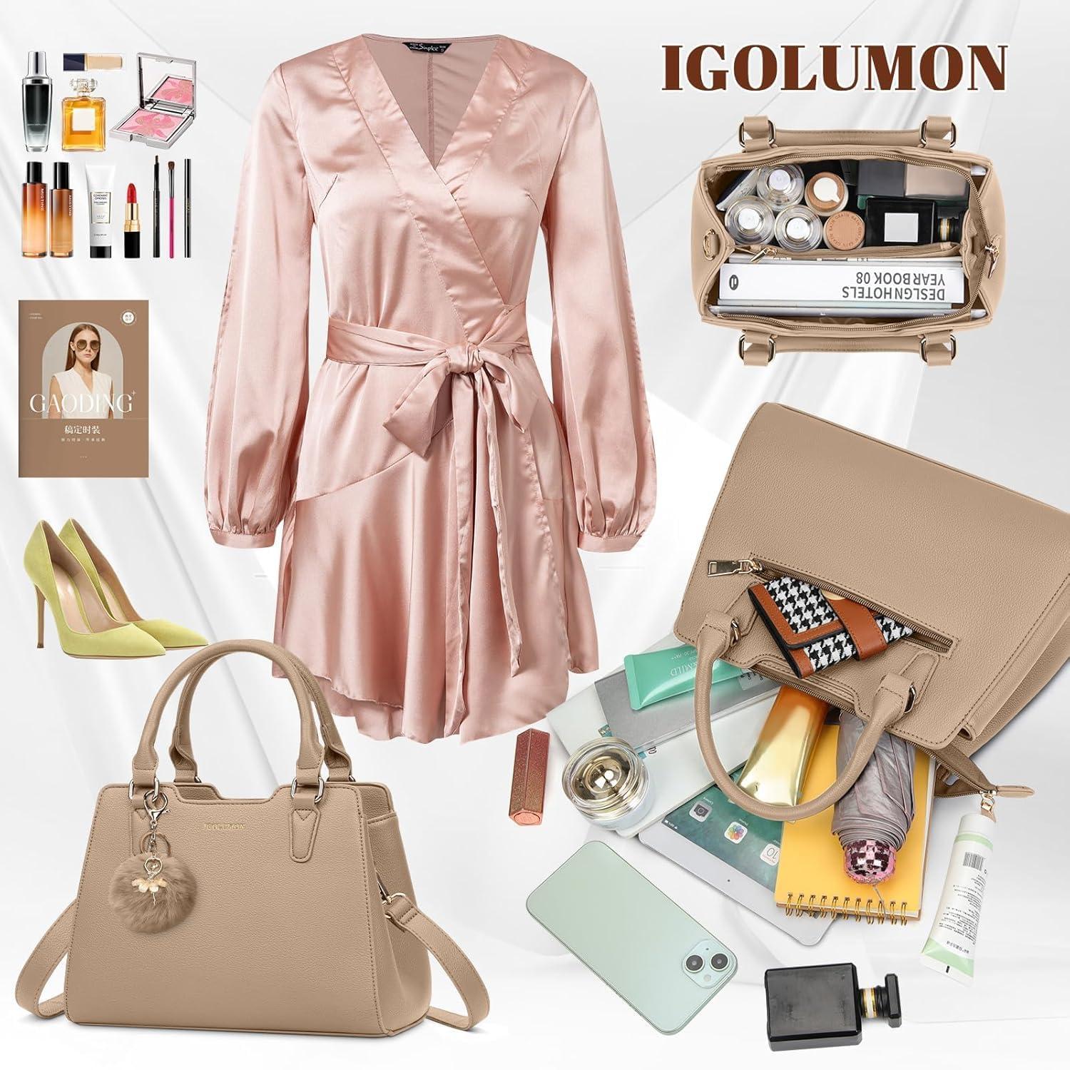 IGOLUMON Handtasche Damen Leder Mittelgroß Tote Umhängetasche Khaki