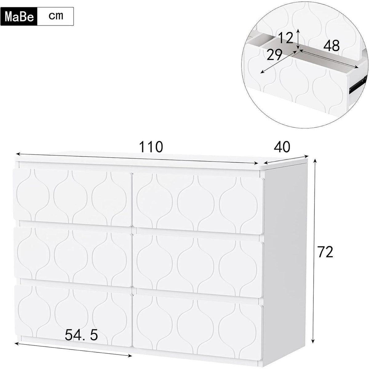 Kommode mit 6 Schubladen, Weiß, Flurschrank mit Wellenmuster
