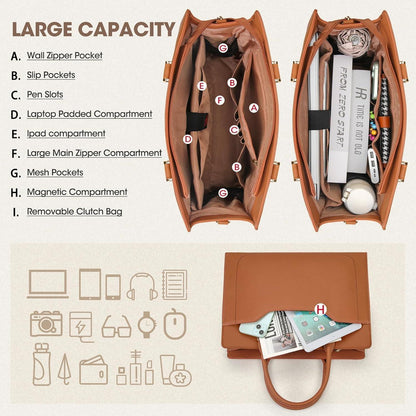 Große Damen Laptoptasche in Lederoptik mit Clutch, Braun