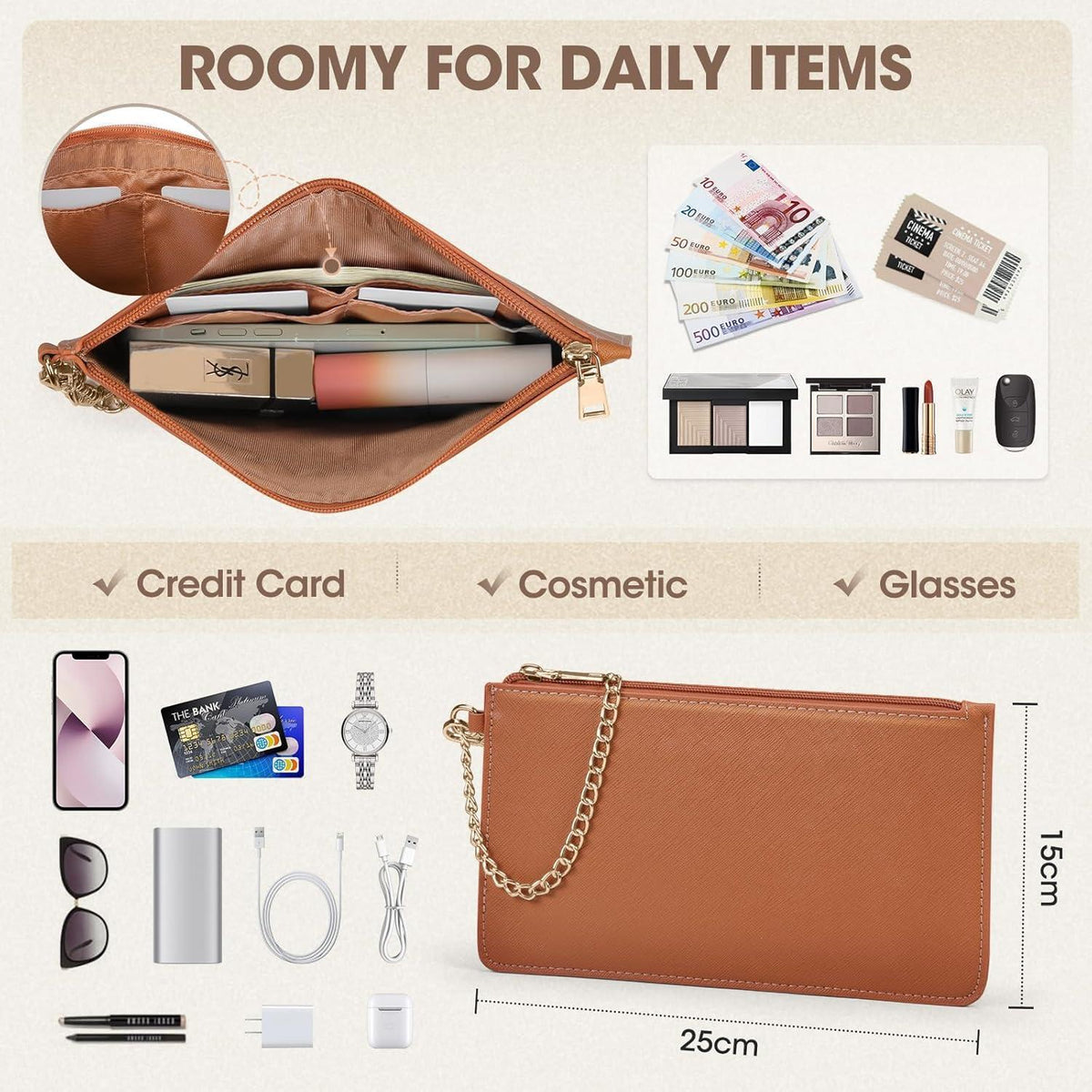 Große Damen Laptoptasche in Lederoptik mit Clutch, Braun