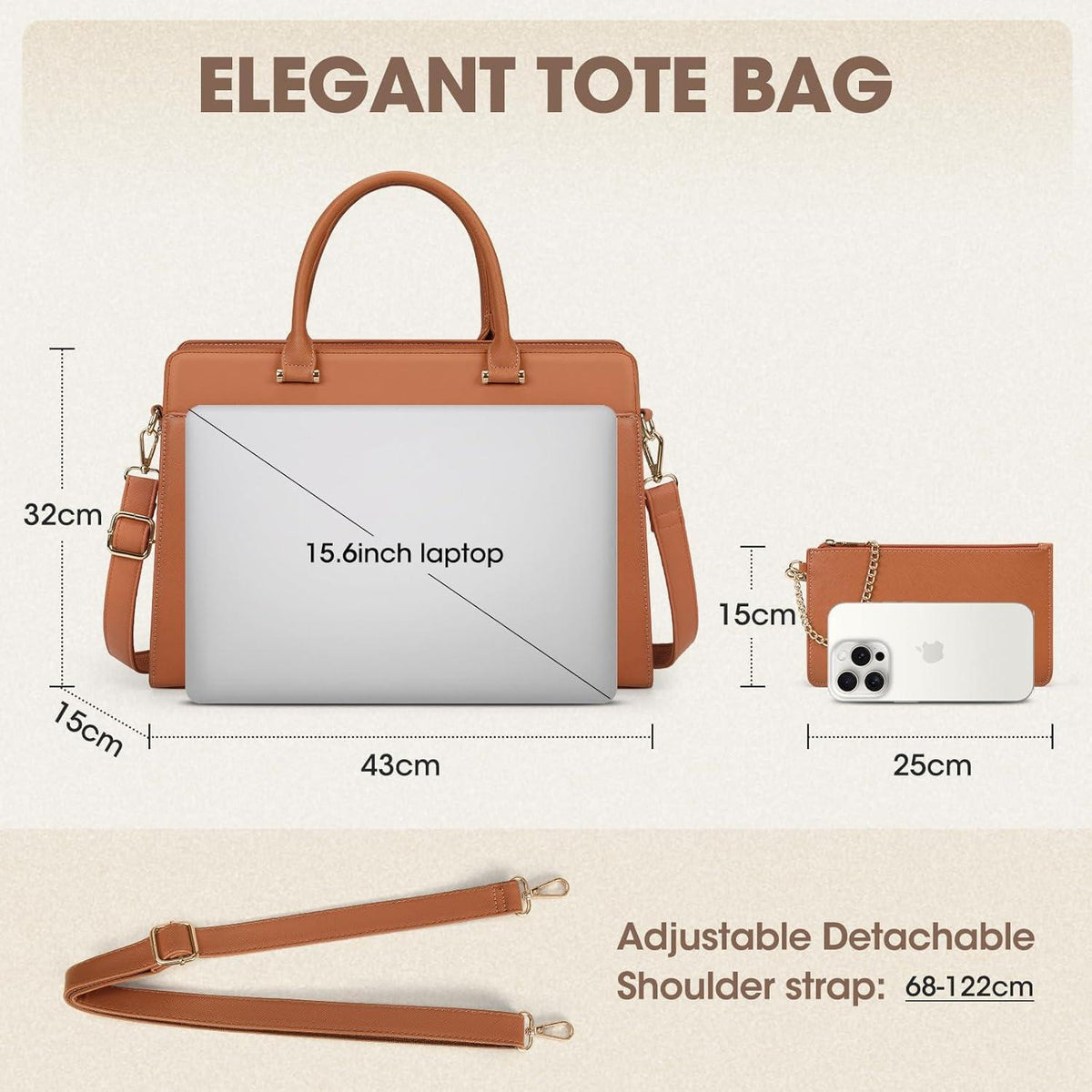 Große Damen Laptoptasche in Lederoptik mit Clutch, Braun