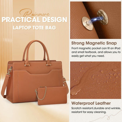 Große Damen Laptoptasche in Lederoptik mit Clutch, Braun