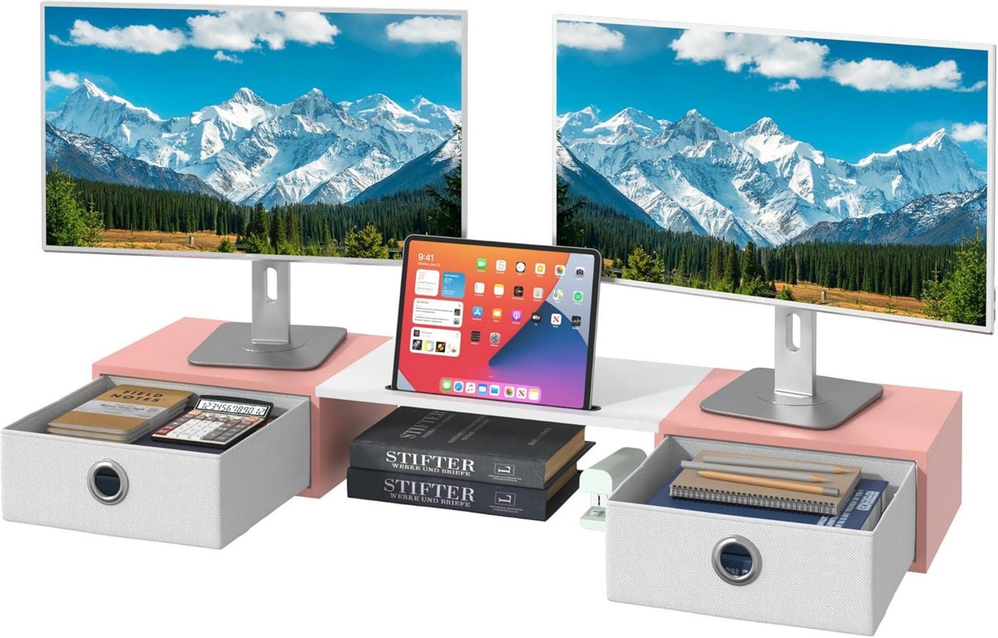 Monitorständer 2 Monitore Schublade 92cm ErhöHung Holz TV PC Stand