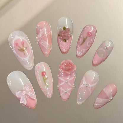 24er Set Cute Nagelkappen mit 3D Charms, Glitter, Strass