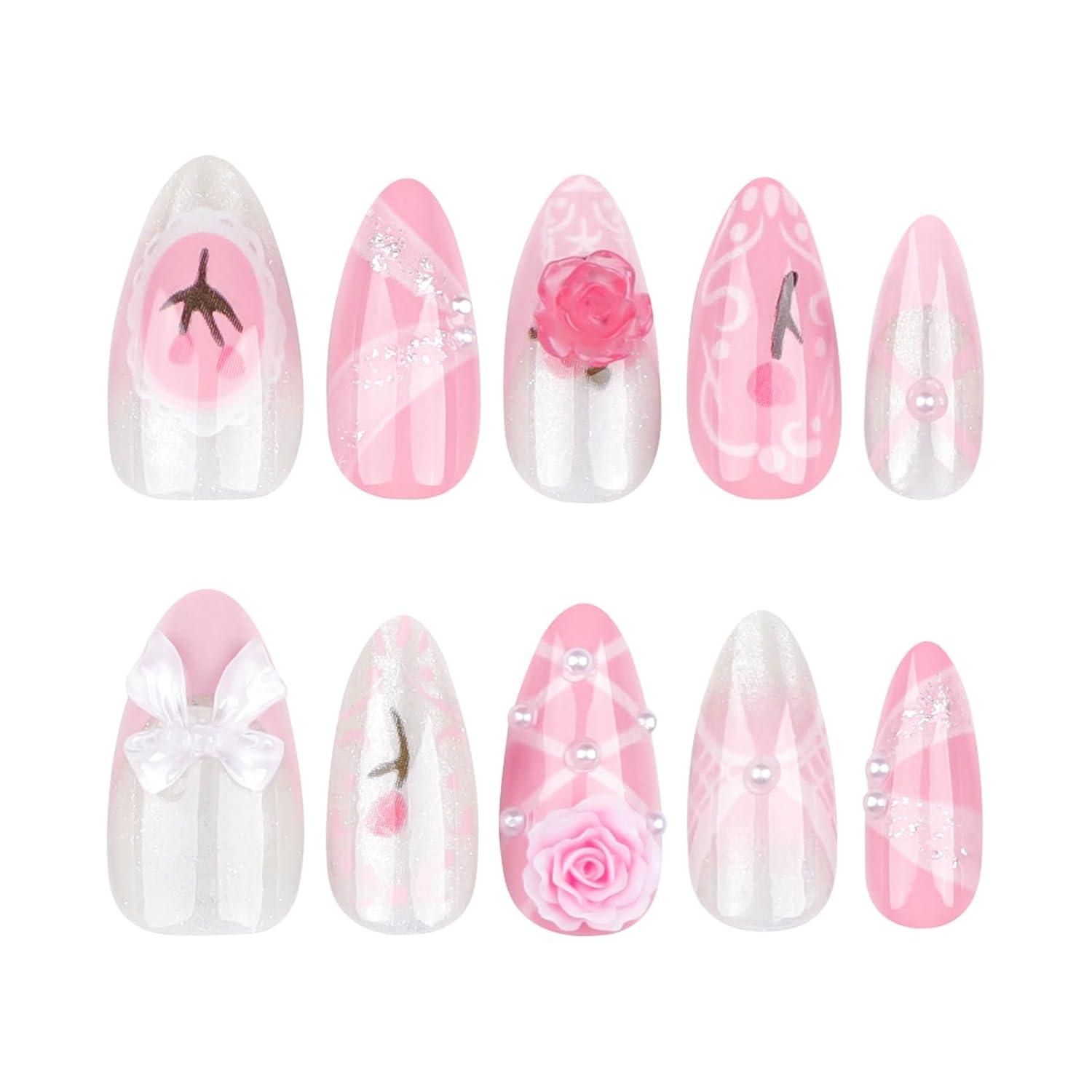 24er Set Cute Nagelkappen mit 3D Charms, Glitter, Strass