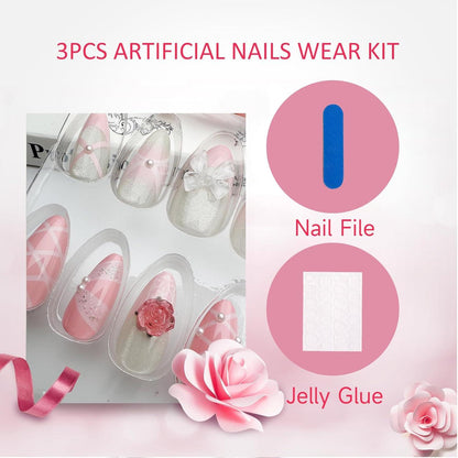 24er Set Y2K Almond 3D Charms Glitter Strass Herz Perle Fake Nails