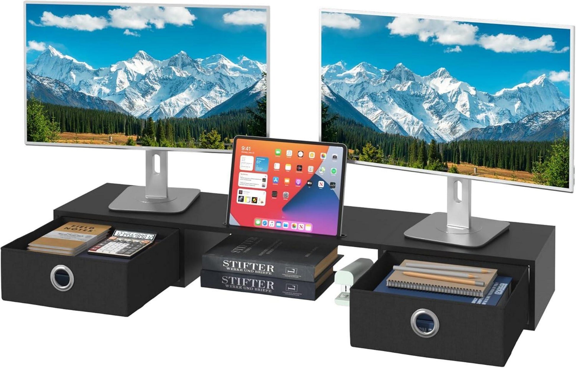 Monitorständer mit Schublade für 2 Monitore - Schwarz