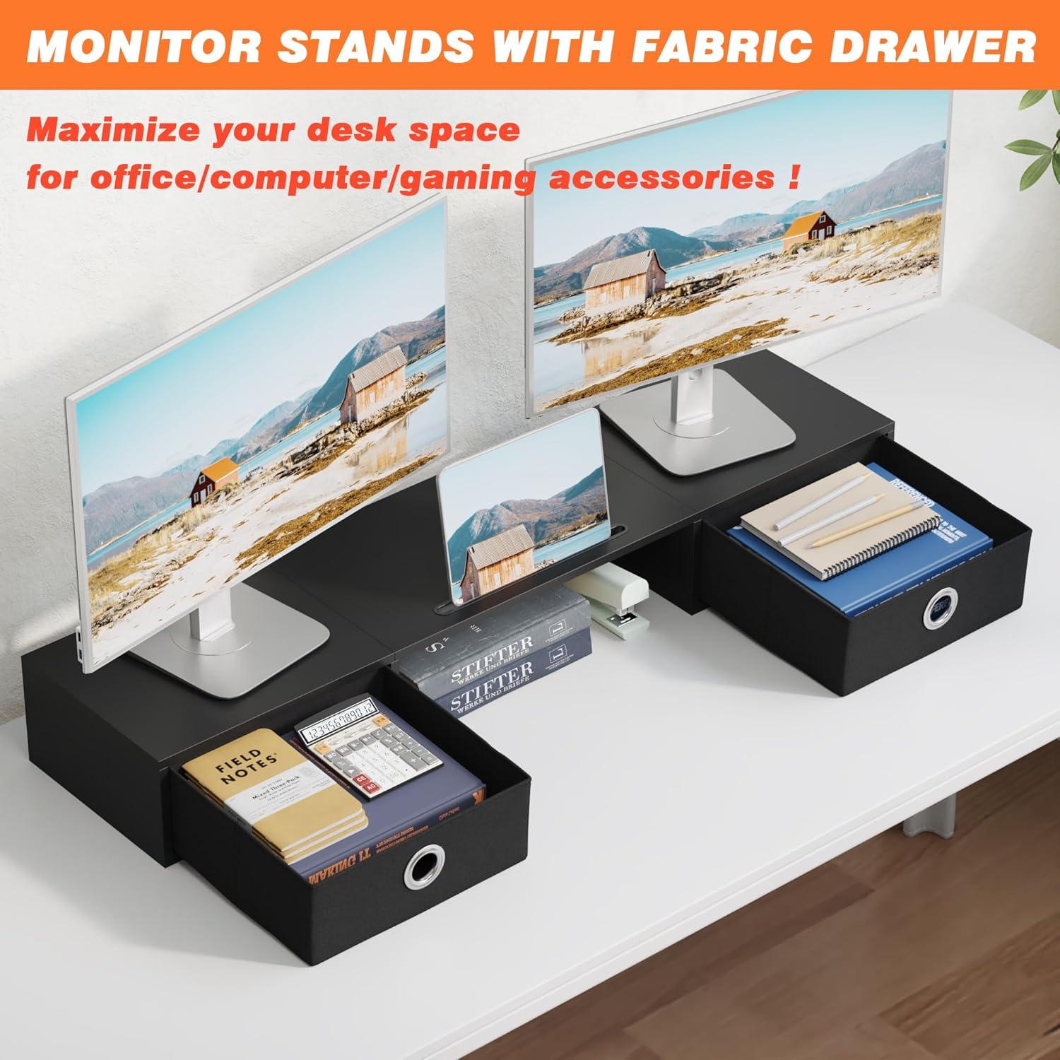 Monitorständer mit Schublade für 2 Monitore Schwarz 92cm Monitorerhöhung