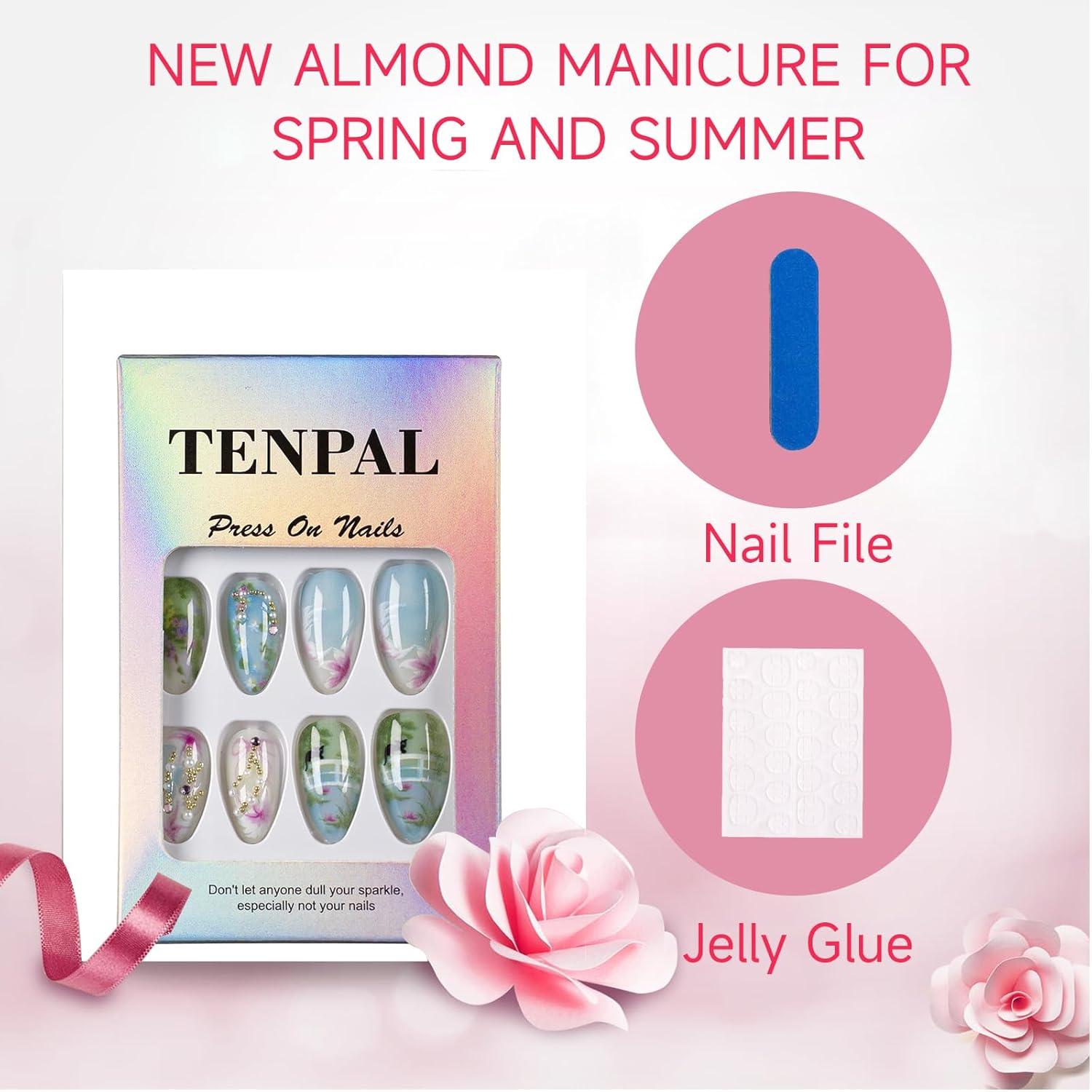 24x Mittelgroße Blau Grüne Almond Fake Nägel Schleife Cat Flower Design