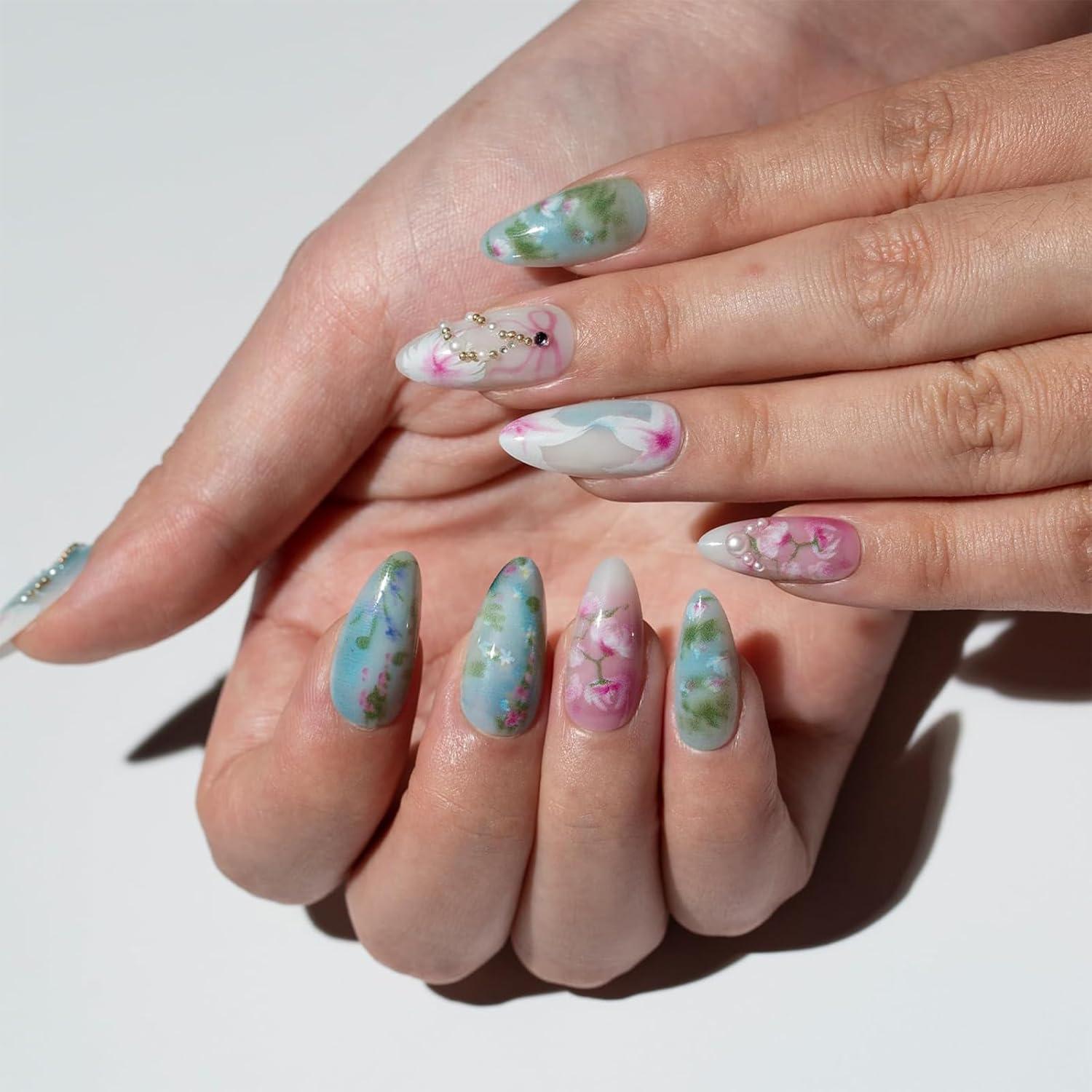 24 Stück Almond Fake Nails, Medium Blau Grün, Schleife Cat Flower