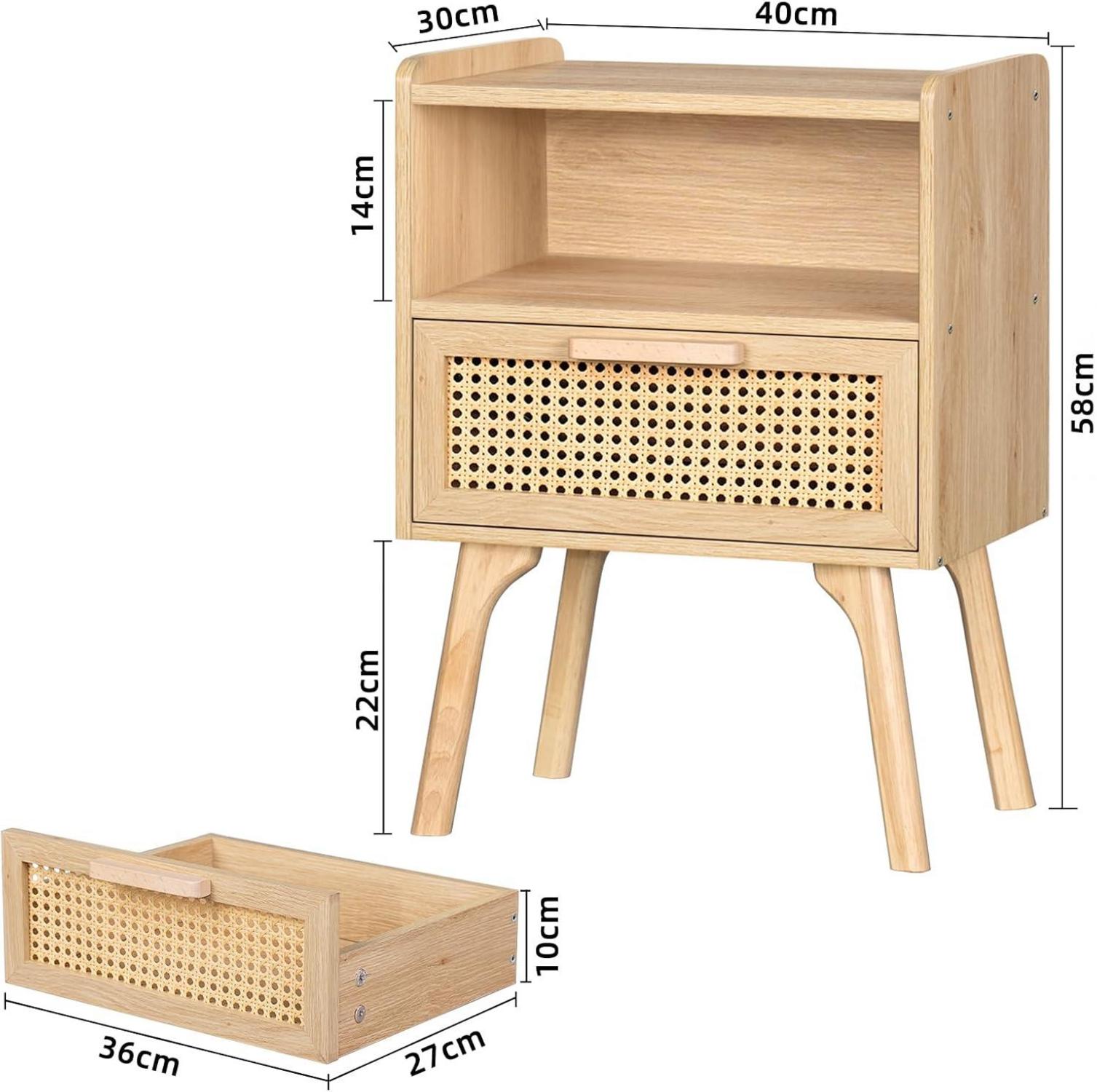 Nachttisch Set Rattan Boho Schublade Offenes Regal Beistelltisch Holz