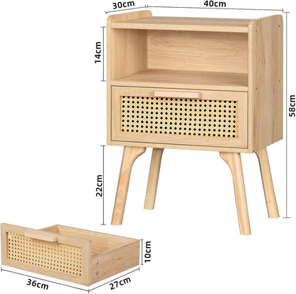 Nachttisch Set Rattan Boho Schublade Offenes Regal Beistelltisch Holz