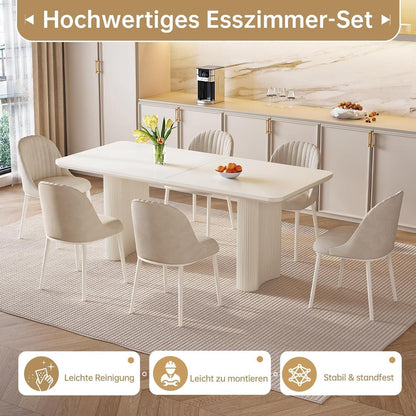 Weißer Esstisch Set mit 6 gepolsterten Stühlen – Modern & Platzsparend