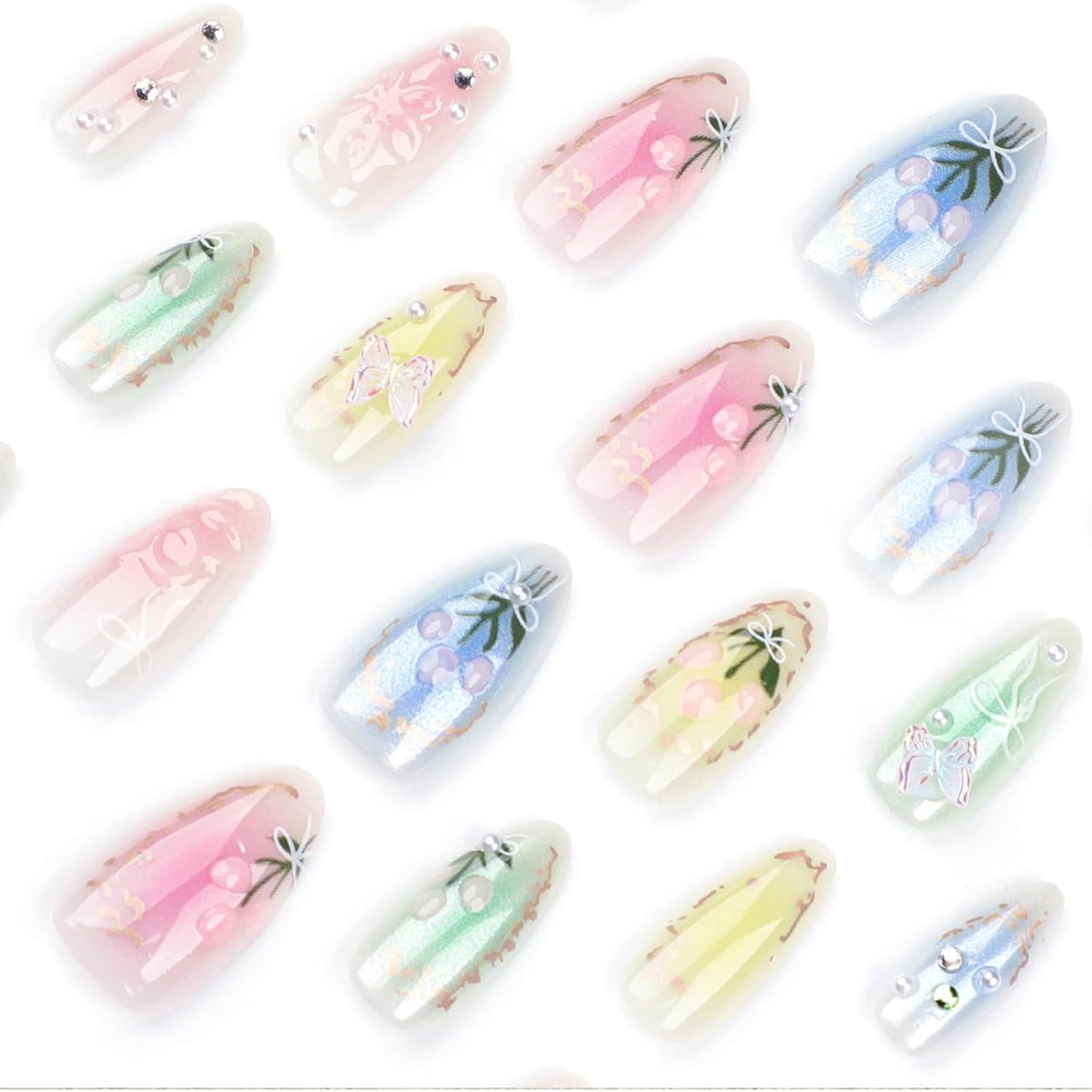 24 Stück Bunte Fake Nails mit 3D Blumen Schmetterling Design