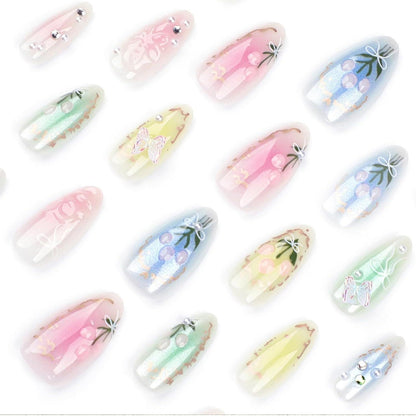 24 Stück Bunte Fake Nails mit 3D Blumen Schmetterling Design
