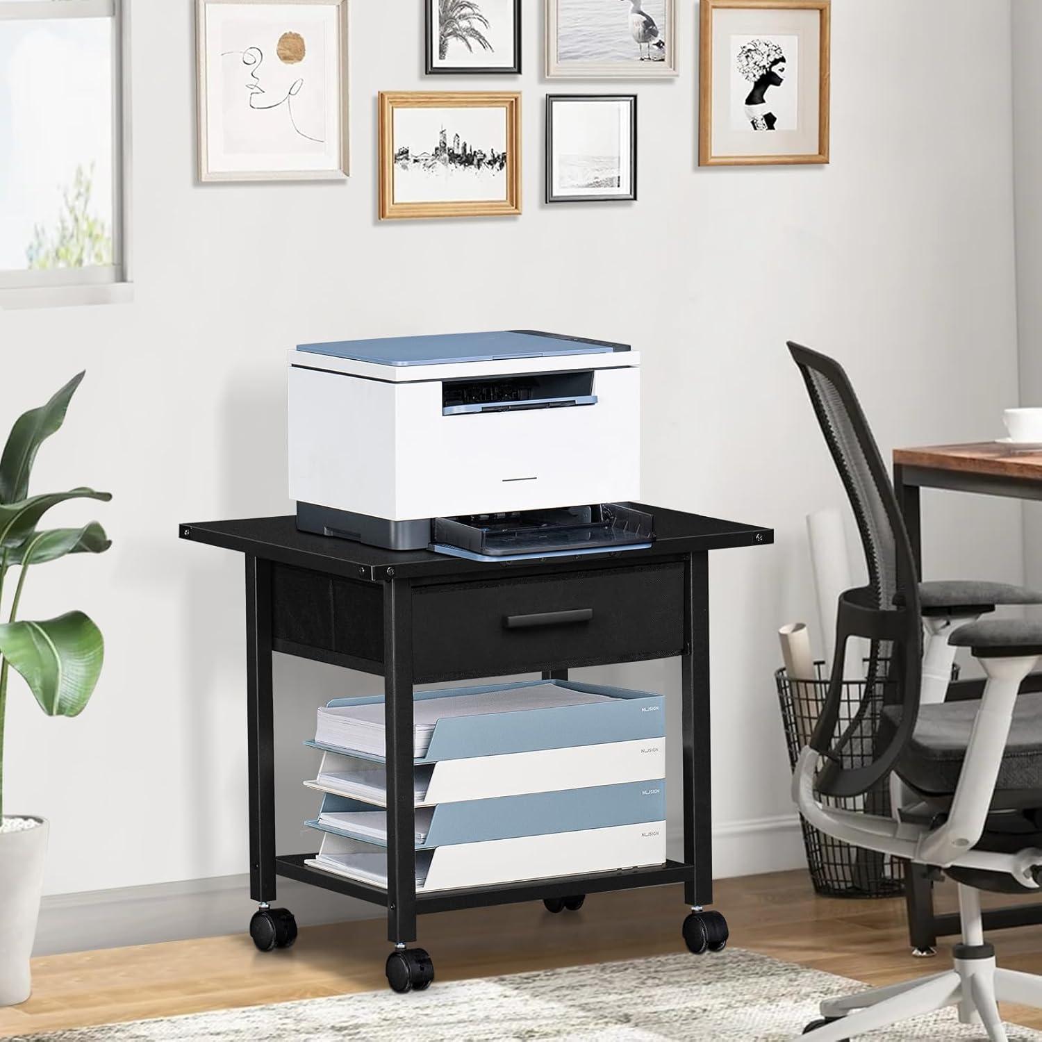 LELELINKY Druckertisch mit Rollen 2-Etagen Schublade Stahlrahmen 51 x 40 x 46.5 cm