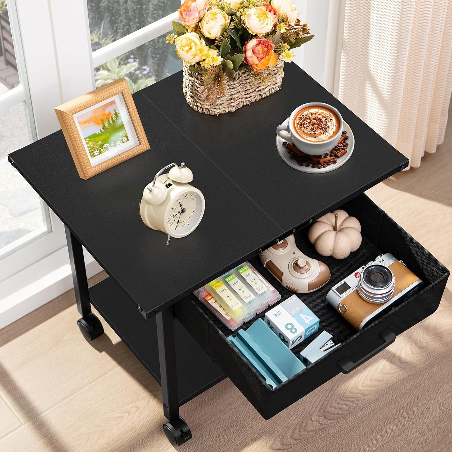 Druckertisch mit Rollen 2-Etagen Schublade Stahlrahmen 51x40x46.5 cm