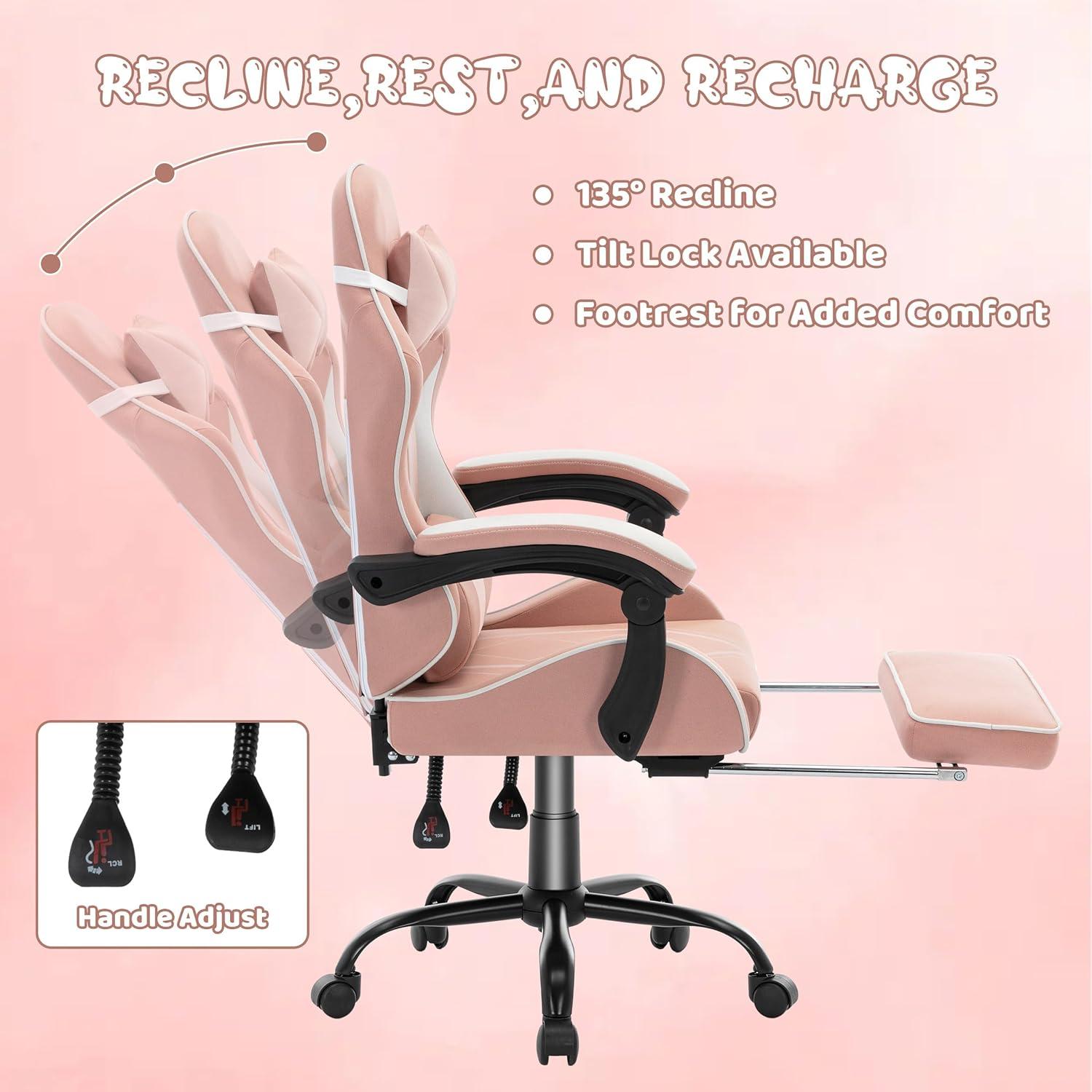 Ergonomischer Gaming Stuhl mit Fußstütze Rosa - Hochwertige