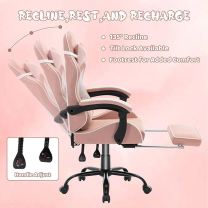 Ergonomischer Gaming Stuhl mit Fußstütze Rosa - Hochwertige