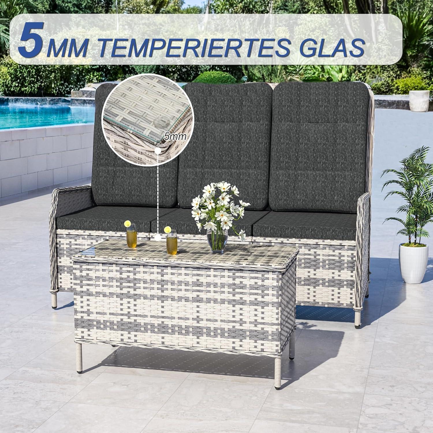 Polyrattan Lounge Set für 3 Personen mit Verstellbarer Rückenlehne und
