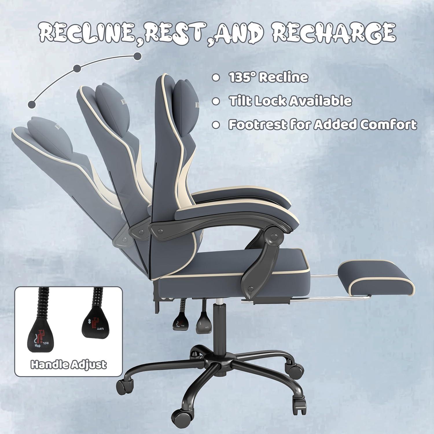 Gaming Stuhl Ergonomisch mit Fußstütze Kopfstütze Lendenkissen 130kg